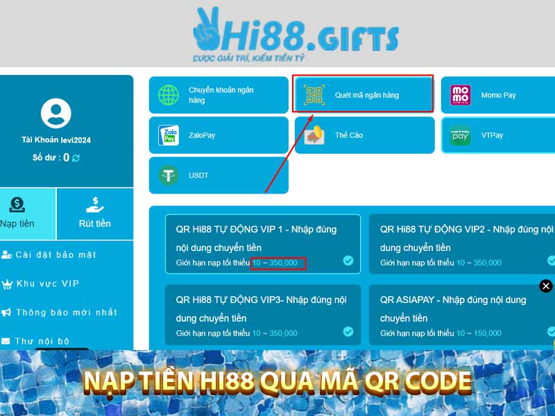 Nạp tiền Hi88 qua mã QR code